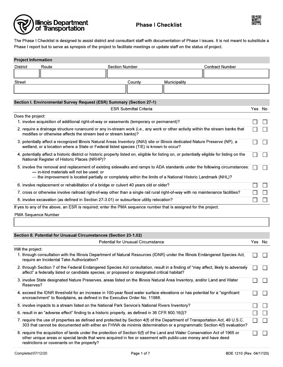Form BDE1210 Phase I Checklist - Illinois, Page 1