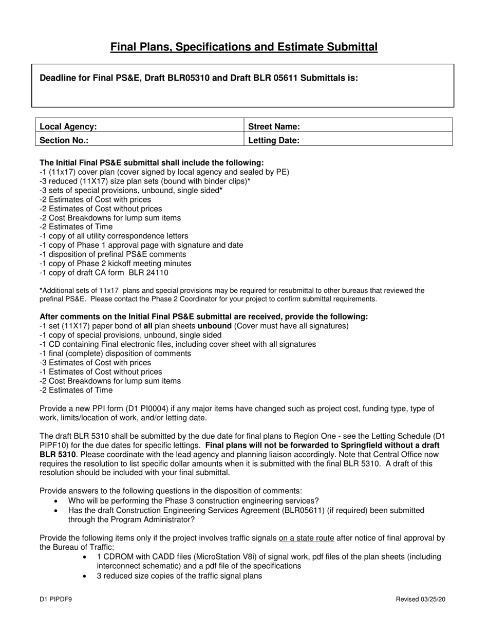 Form D1 PIPDF9 Final Plans, Specifications and Estimate Submittal - Illinois, Page 1