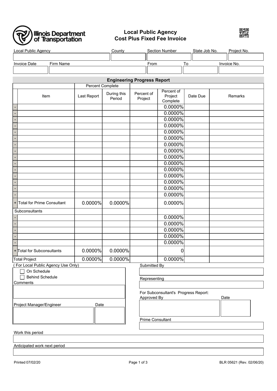Form BLR05621 Local Public Agency Cost Plus Fixed Fee Invoice - Illinois, Page 1