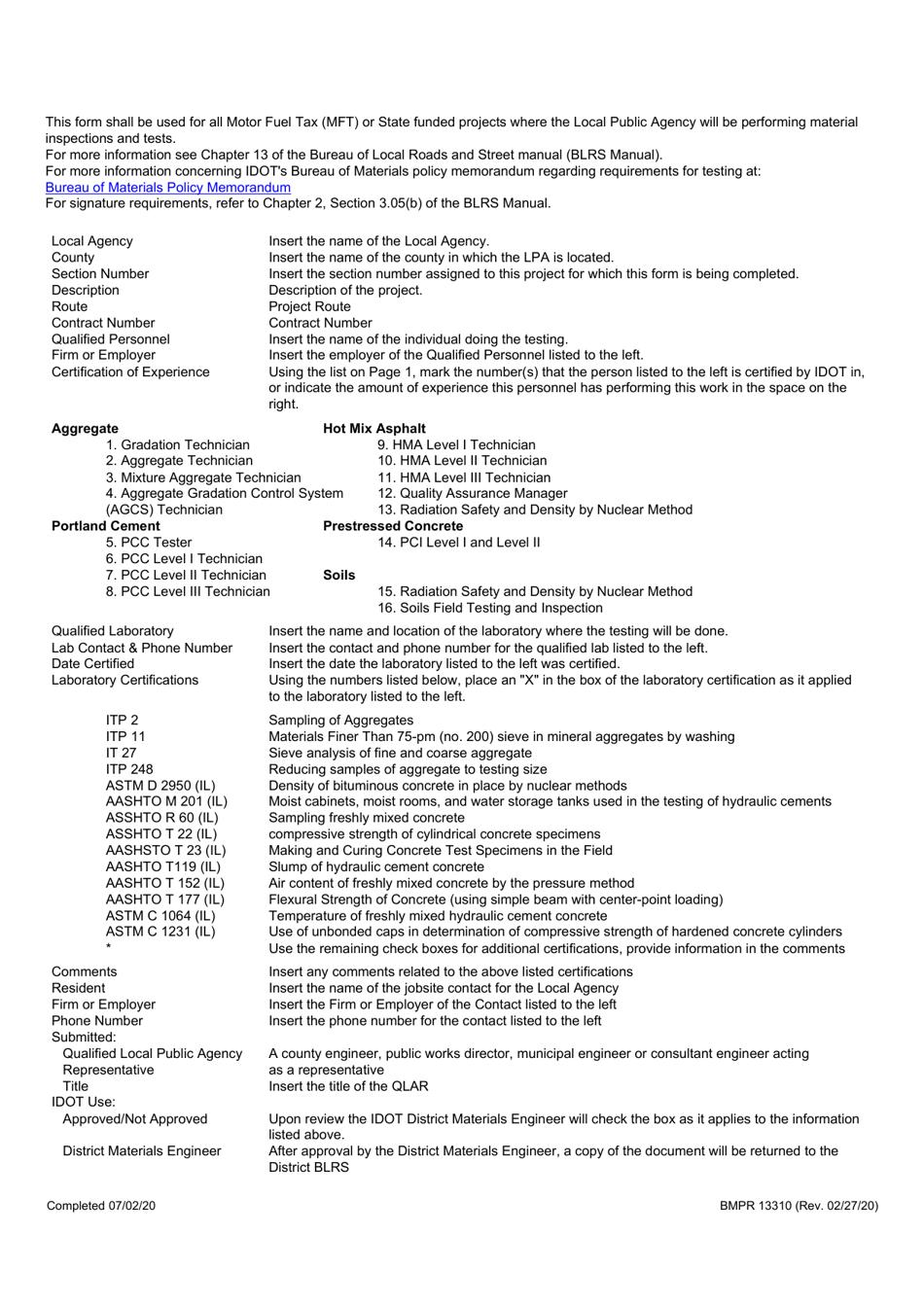 Form BMPR13310 Certification of Local Public Agency Material Test Procedures - Illinois, Page 2