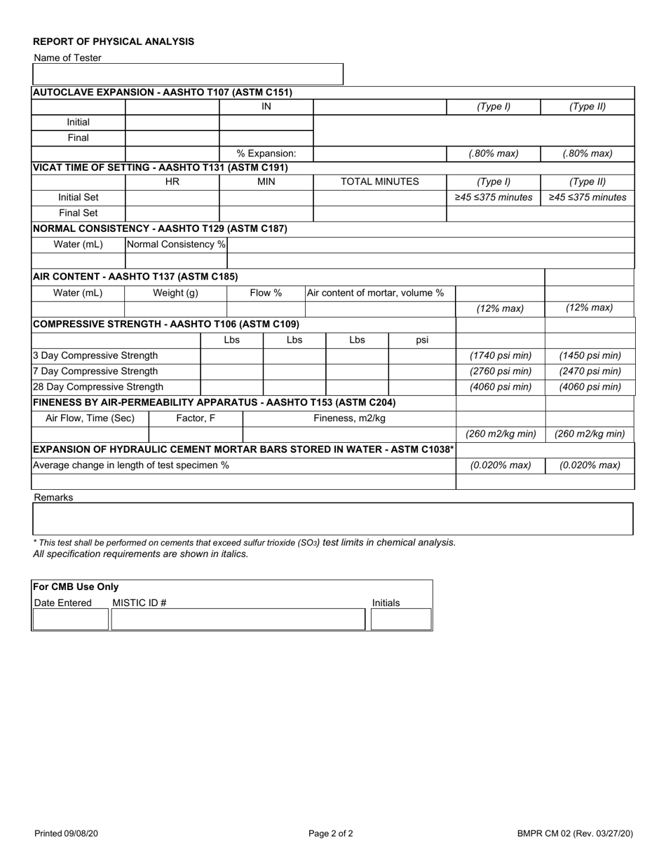 Form BMPR CM02 Type I / II Portland Cement Pre / Pro Split Sample Report - Illinois, Page 2