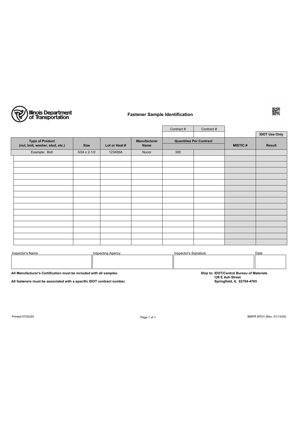 Form BMPR MT01 Fastener Sample Identification - Illinois, Page 1