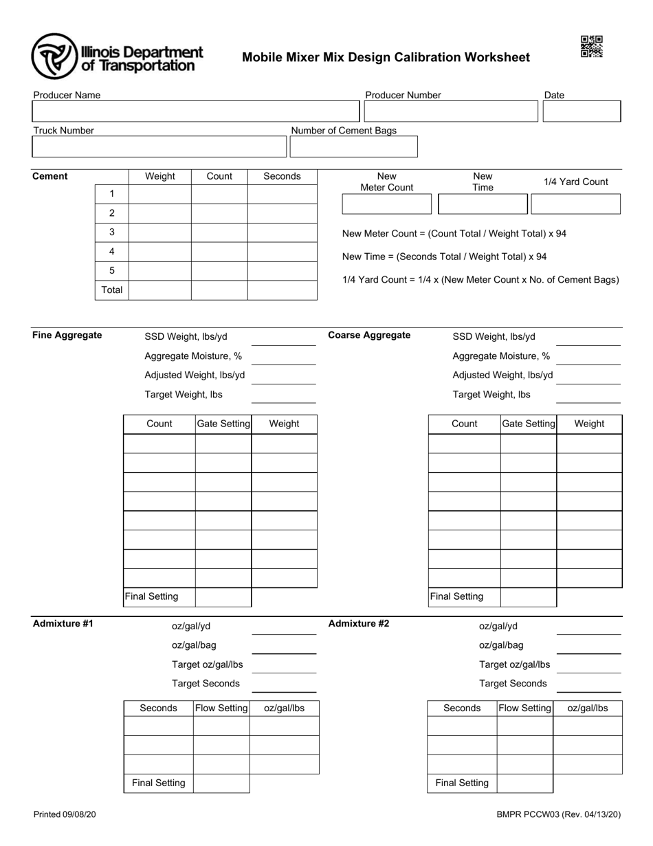 Form BMPR PCCW03 Mobile Mixer Mix Design Calibration Worksheet - Illinois, Page 1