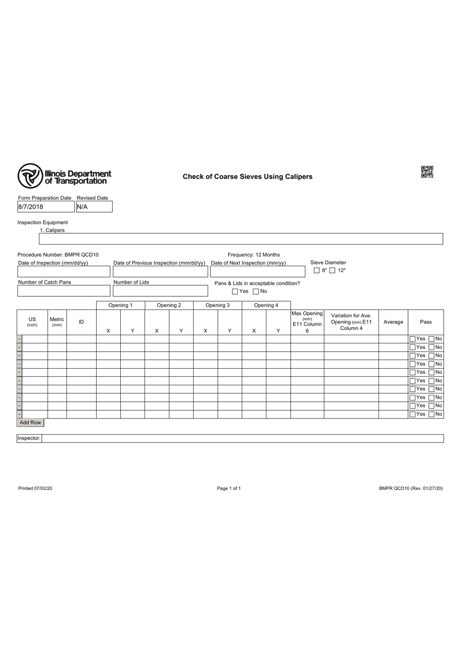 Form BMPR QCD10 Check of Coarse Sieves Using Calipers - Illinois, Page 1