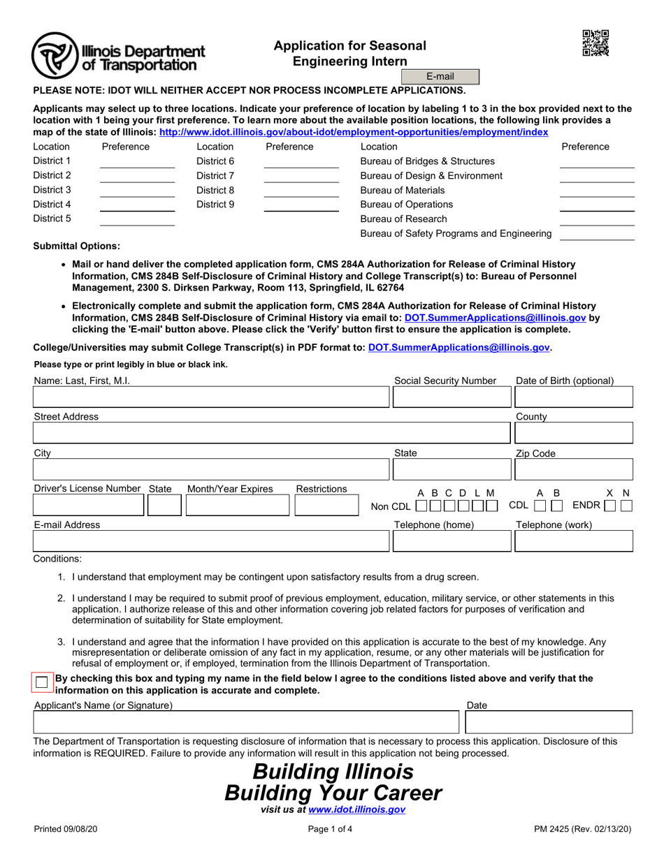 Form PM2425 Application for Seasonal Engineering Intern - Illinois, Page 1