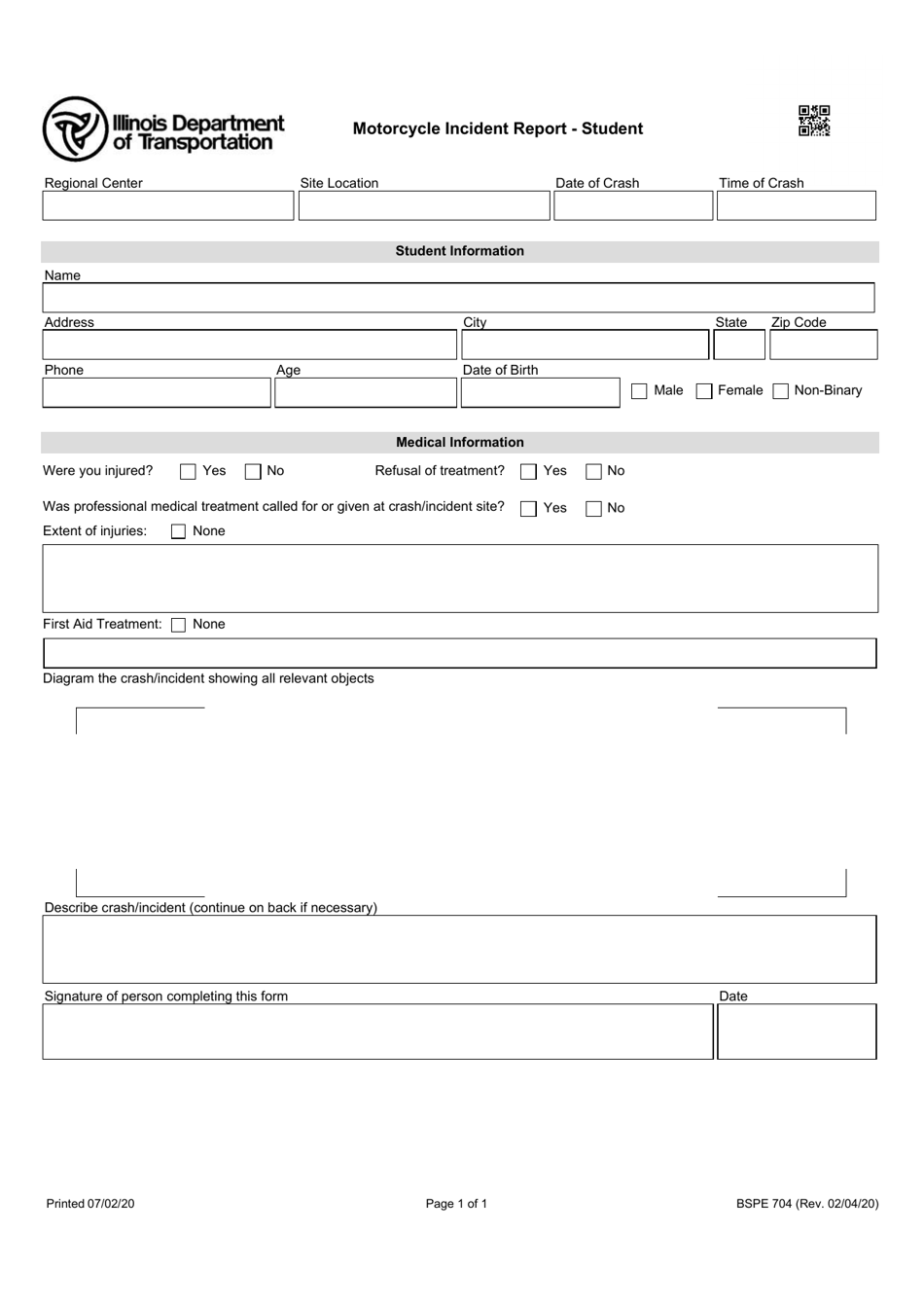 Form BSPE704 Motorcycle Incident Report - Student - Illinois, Page 1