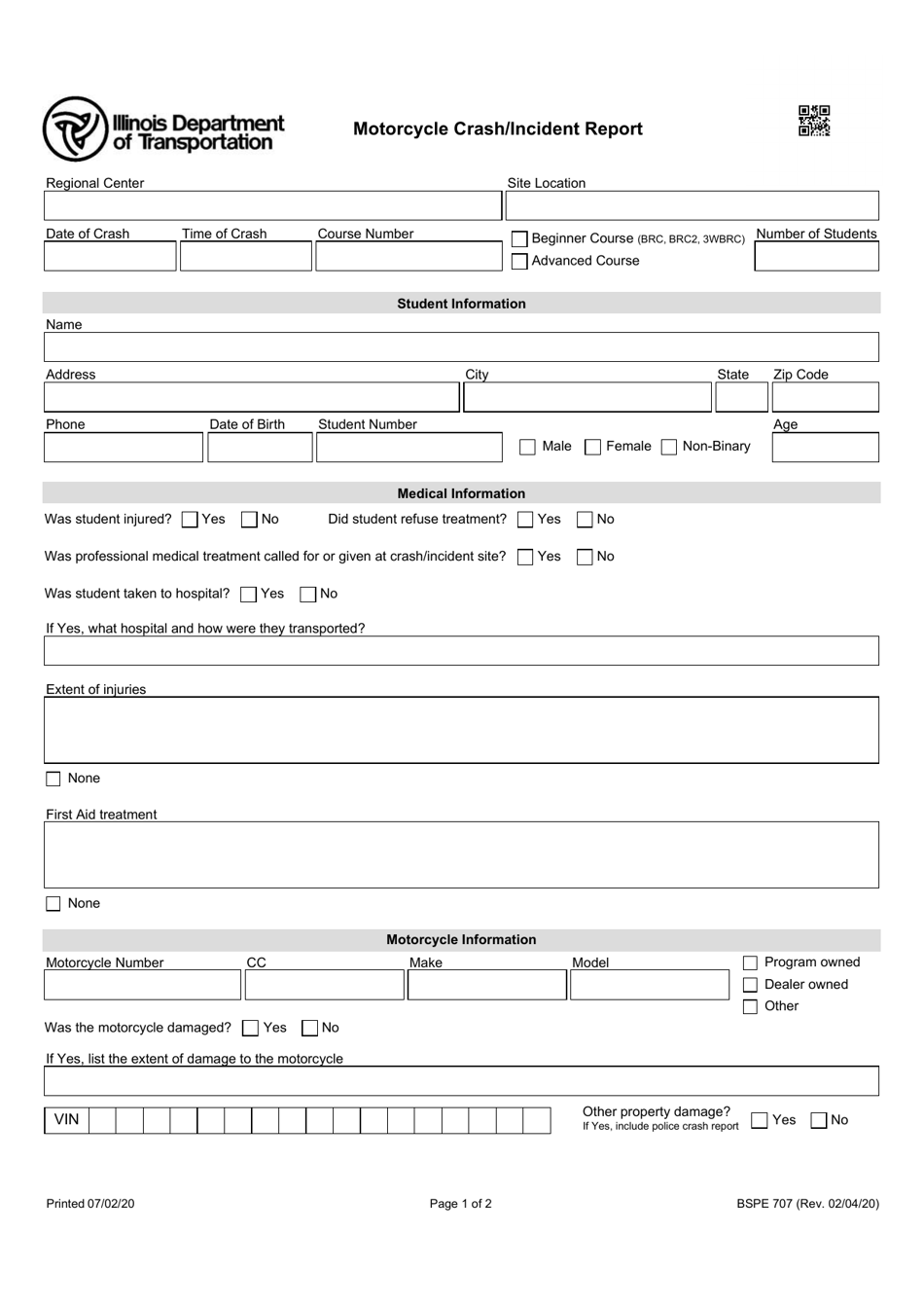 Form BSPE707 Motorcycle Crash / Incident Report - Illinois, Page 1