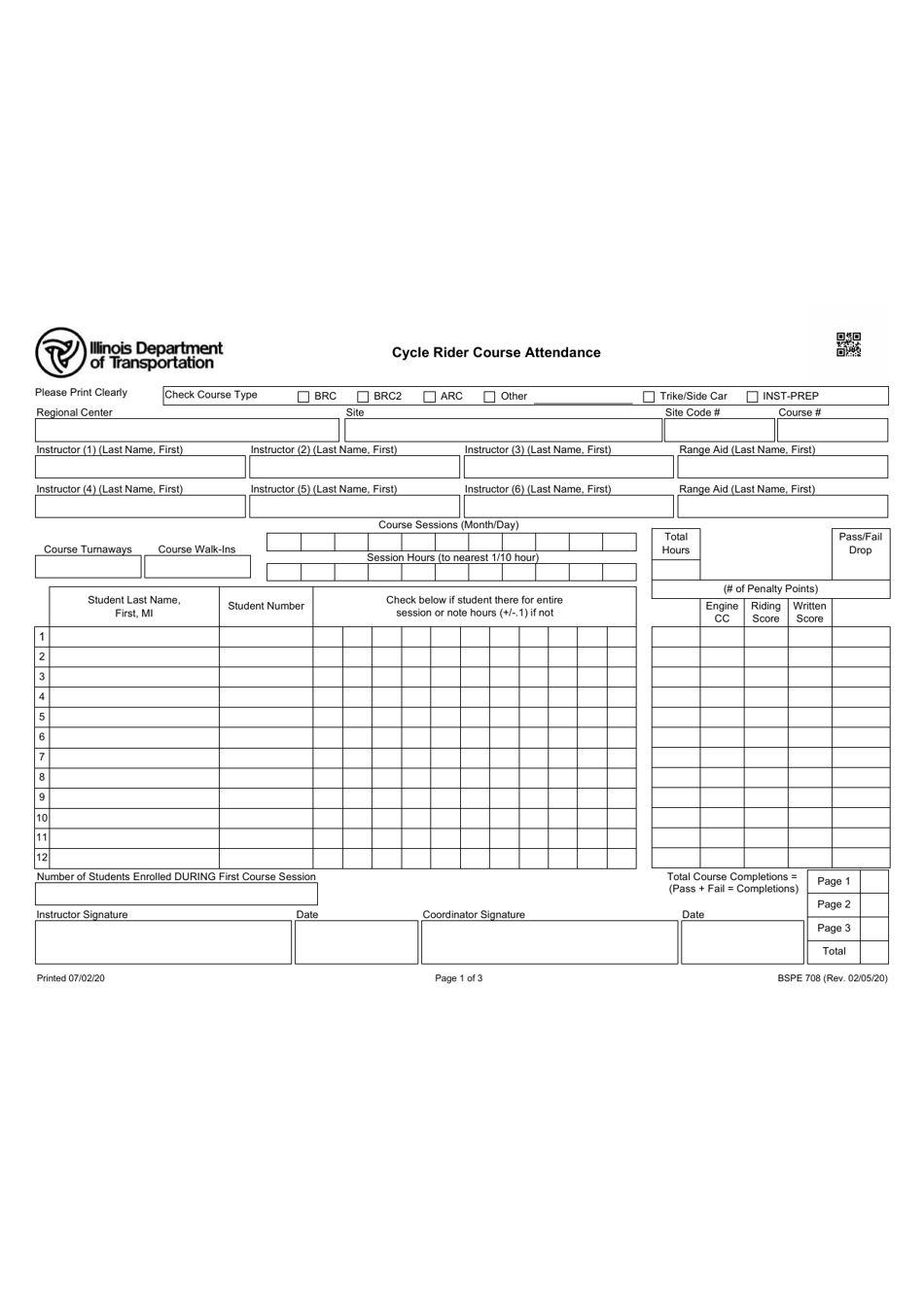 Form BSPE708 Cycle Rider Course Attendance - Illinois, Page 1