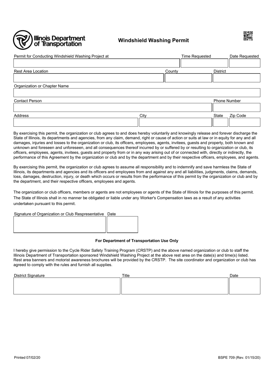 Form BSPE709 Windshield Washing Permit - Illinois, Page 1