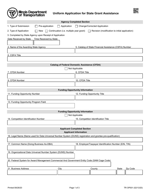 Form TR OP001 Uniform Application for State Grant Assistance - Illinois