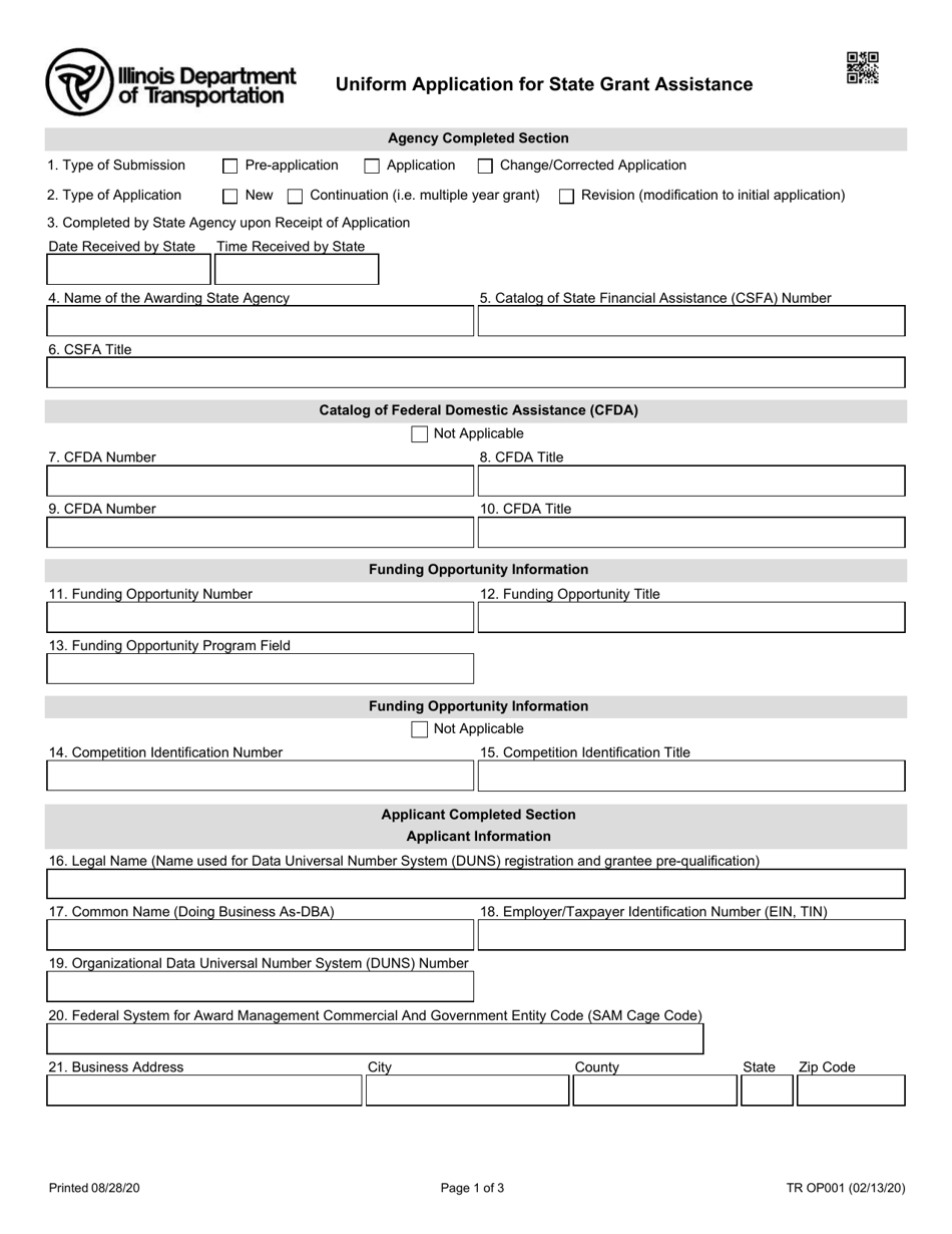 Form TR OP001 Uniform Application for State Grant Assistance - Illinois, Page 1