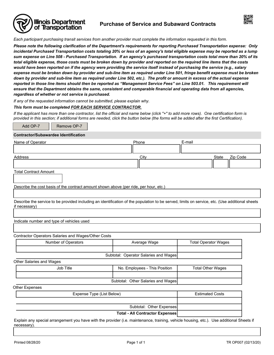 Form TR OP007 Purchase of Service and Subaward Contracts - Illinois, Page 1