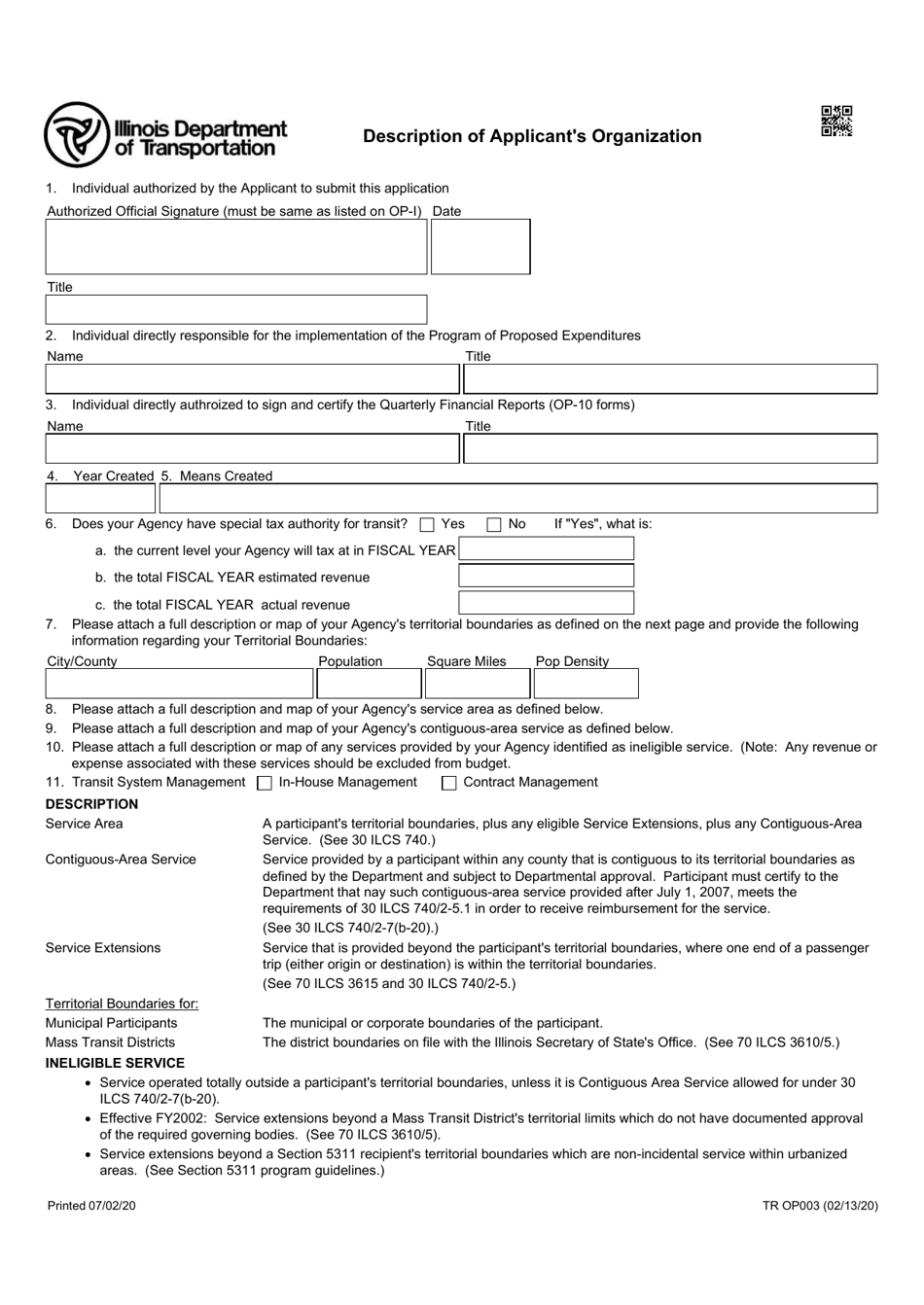 Form TR OP003 Description of Applicants Organization - Illinois, Page 1