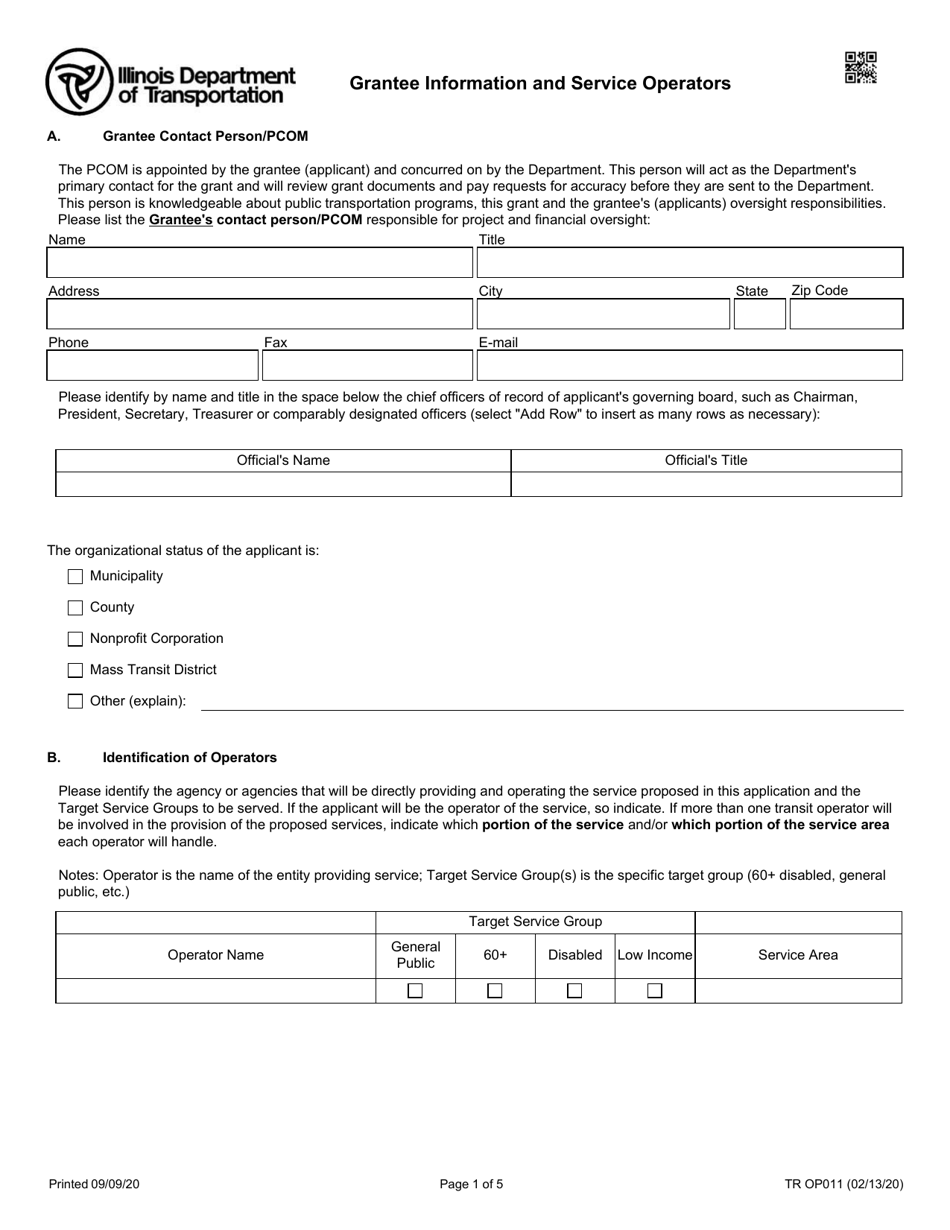 Form TR OP011 Grantee Information and Service Operators - Illinois, Page 1