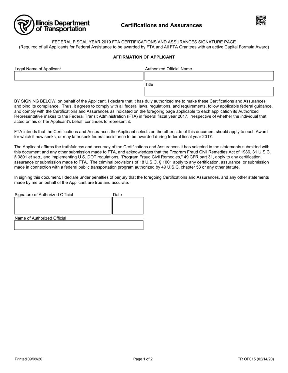 Form TR OP015 Certifications and Assurances - Illinois, Page 1
