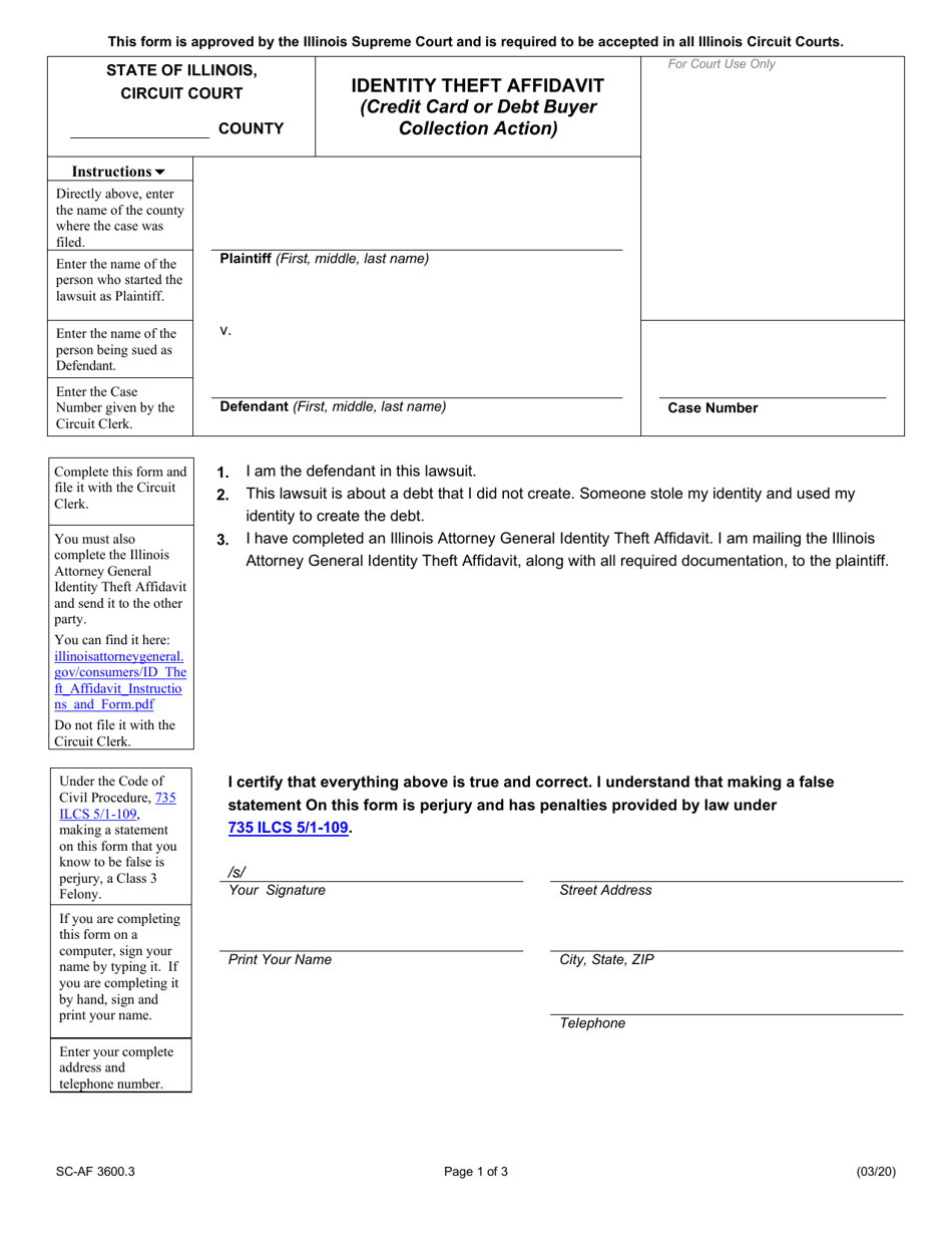 Form SC-AF3600.3 Identity Theft Affidavit (Credit Card or Debt Buyer Collection Action) - Illinois, Page 1