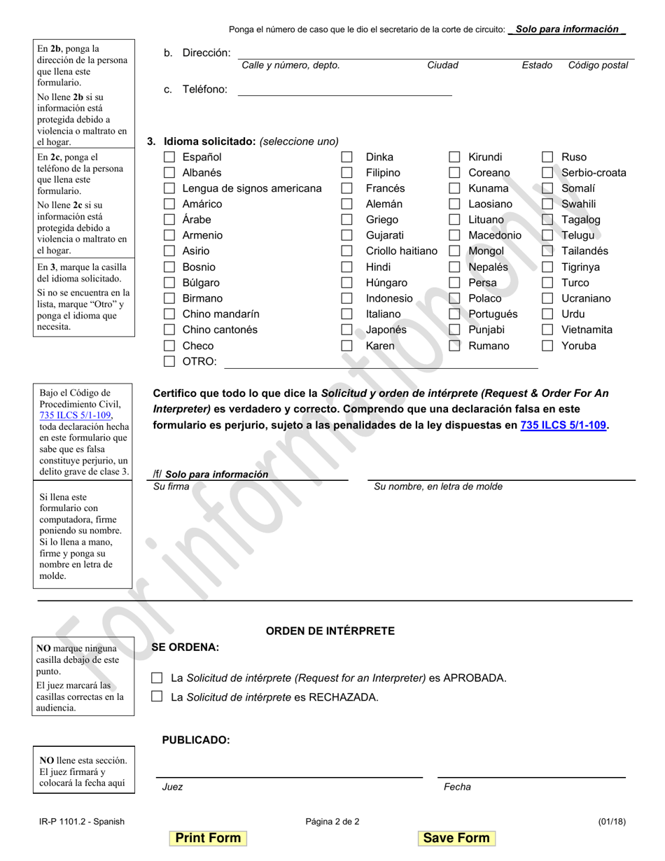 Formulario IR-P1101.2 Solicitud Y Orden De Interprete - Illinois (Spanish), Page 2
