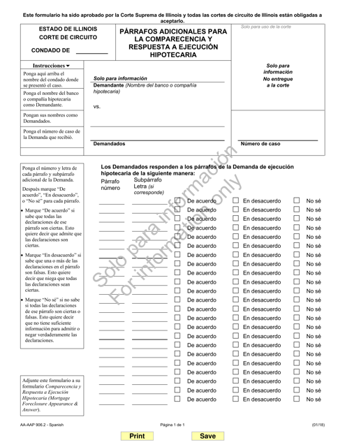 Formulario AA-AAP906.2 Parrafos Adicionales Para La Comparecencia Y Respuesta a Ejecucion Hipotecaria - Illinois (Spanish)
