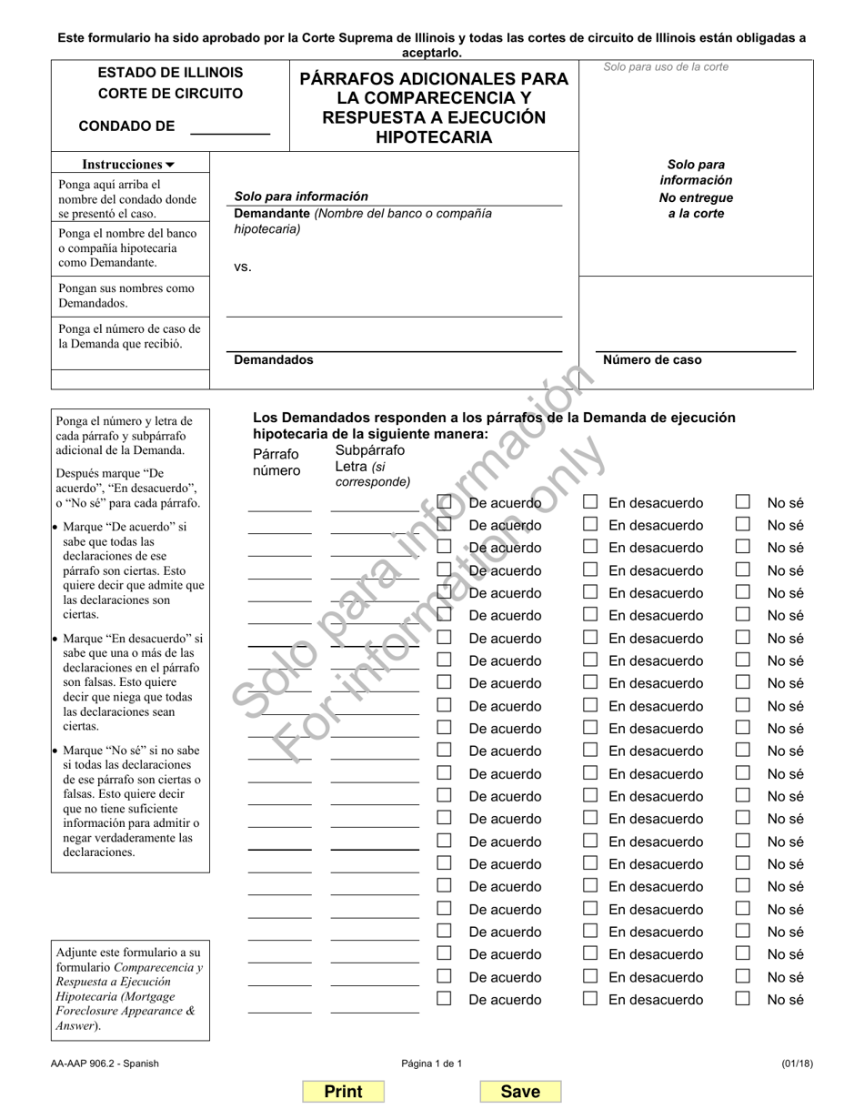 Formulario AA-AAP906.2 Parrafos Adicionales Para La Comparecencia Y Respuesta a Ejecucion Hipotecaria - Illinois (Spanish), Page 1