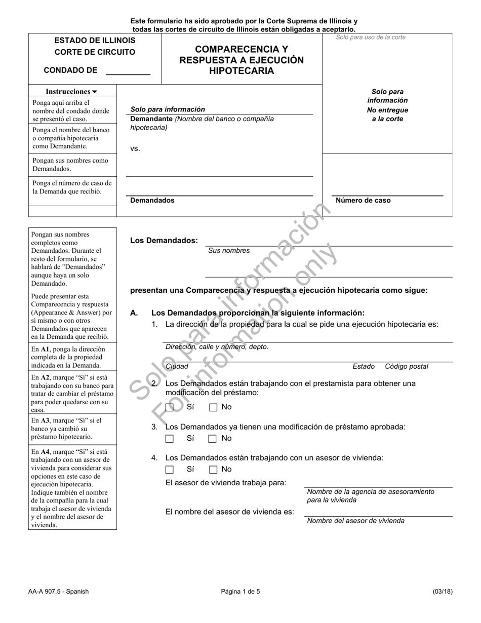 Formulario AA-A907.5 Comparecencia Y Respuesta a Ejecucion Hipotecaria - Illinois (Spanish), Page 1