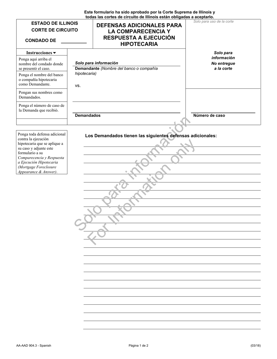 Formulario AA-AAD904.3 Defensas Adicionales Para La Comparecencia Y Respuesta a Ejecucion Hipotecaria - Illinois (Spanish), Page 1