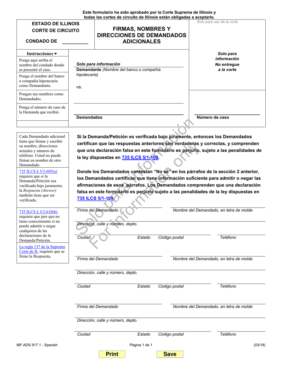 Formulario MF-ADS917.1 Firmas, Nombres Y Direcciones De Demandados Adicionales - Illinois (Spanish), Page 1