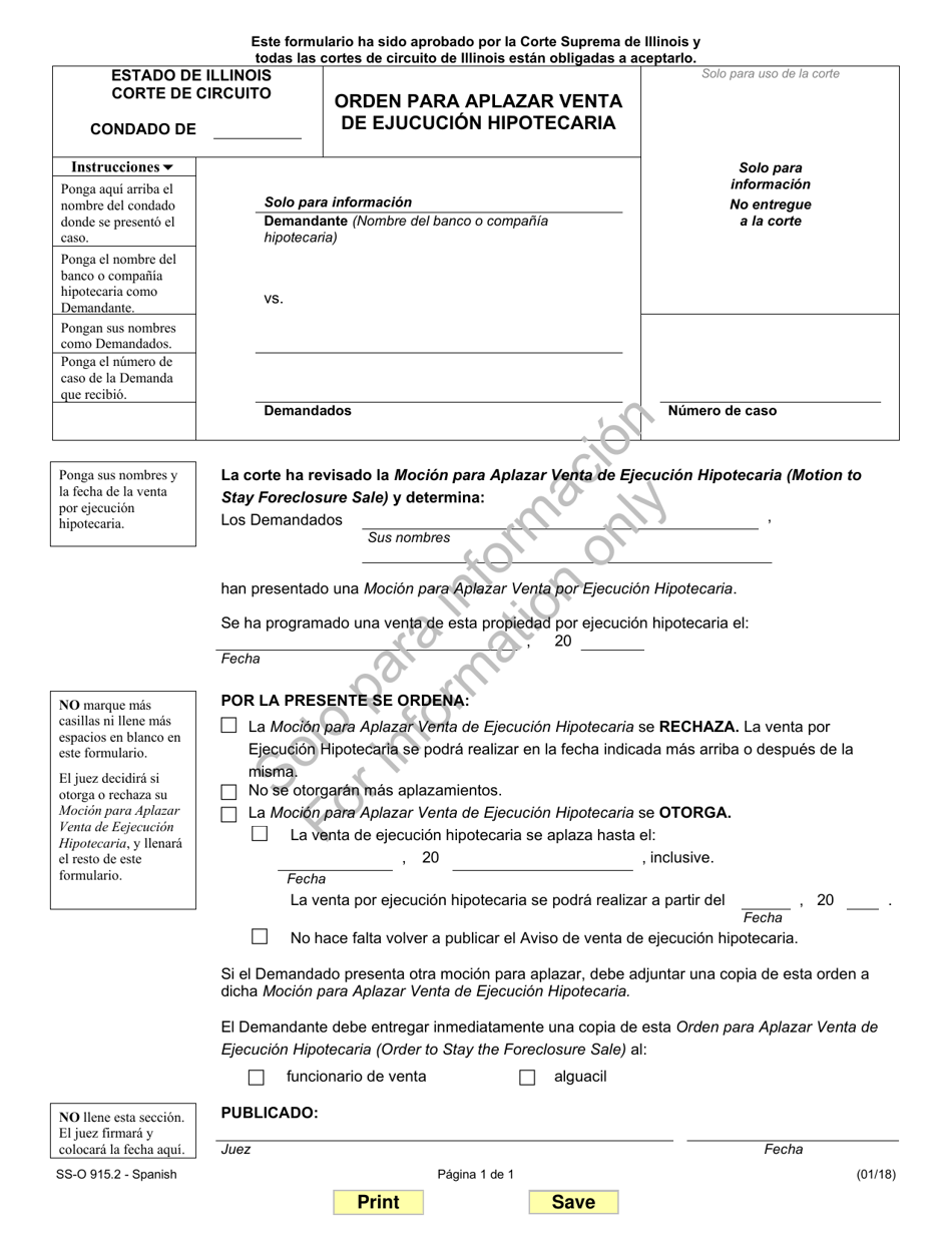 Formulario SS-O915.2 Orden Para Aplazar Venta De Ejucucion Hipotecaria - Illinois (Spanish), Page 1