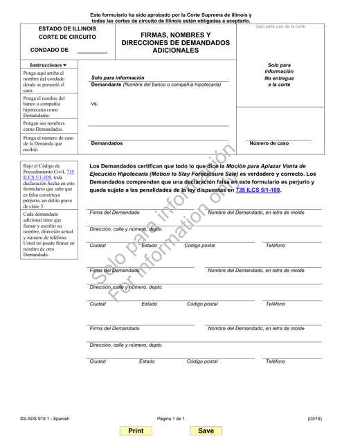 Formulario SS-ADS919.1 Firmas, Nombres Y Direcciones De Demandados Adicionales - Illinois (Spanish)