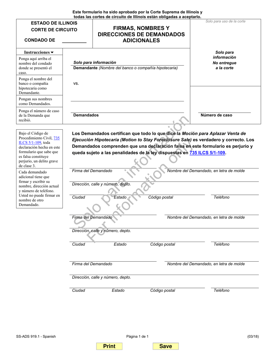 Formulario SS-ADS919.1 Firmas, Nombres Y Direcciones De Demandados Adicionales - Illinois (Spanish), Page 1