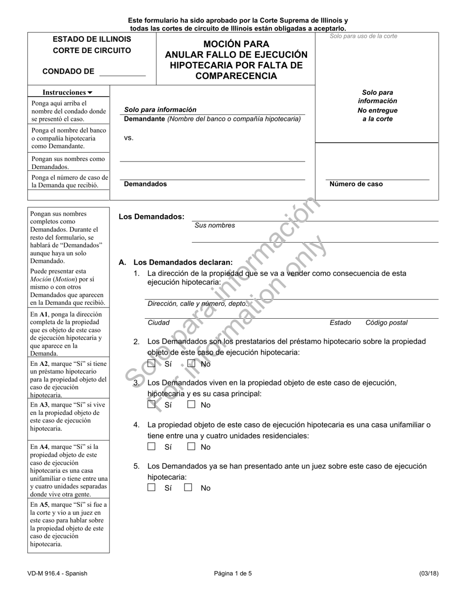 Formulario VD-M916.4 Mocion Para Anular Fallo De Ejecucion Hipotecaria Por Falta De Comparecencia - Illinois (Spanish), Page 1