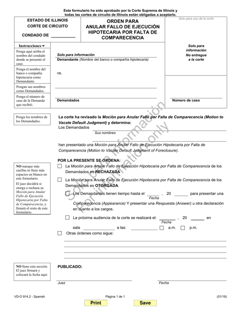 Formulario VD-O914.2 Orden Para Anular Fallo De Ejecucion Hipotecaria Por Falta De Comparecencia - Illinois (Spanish)