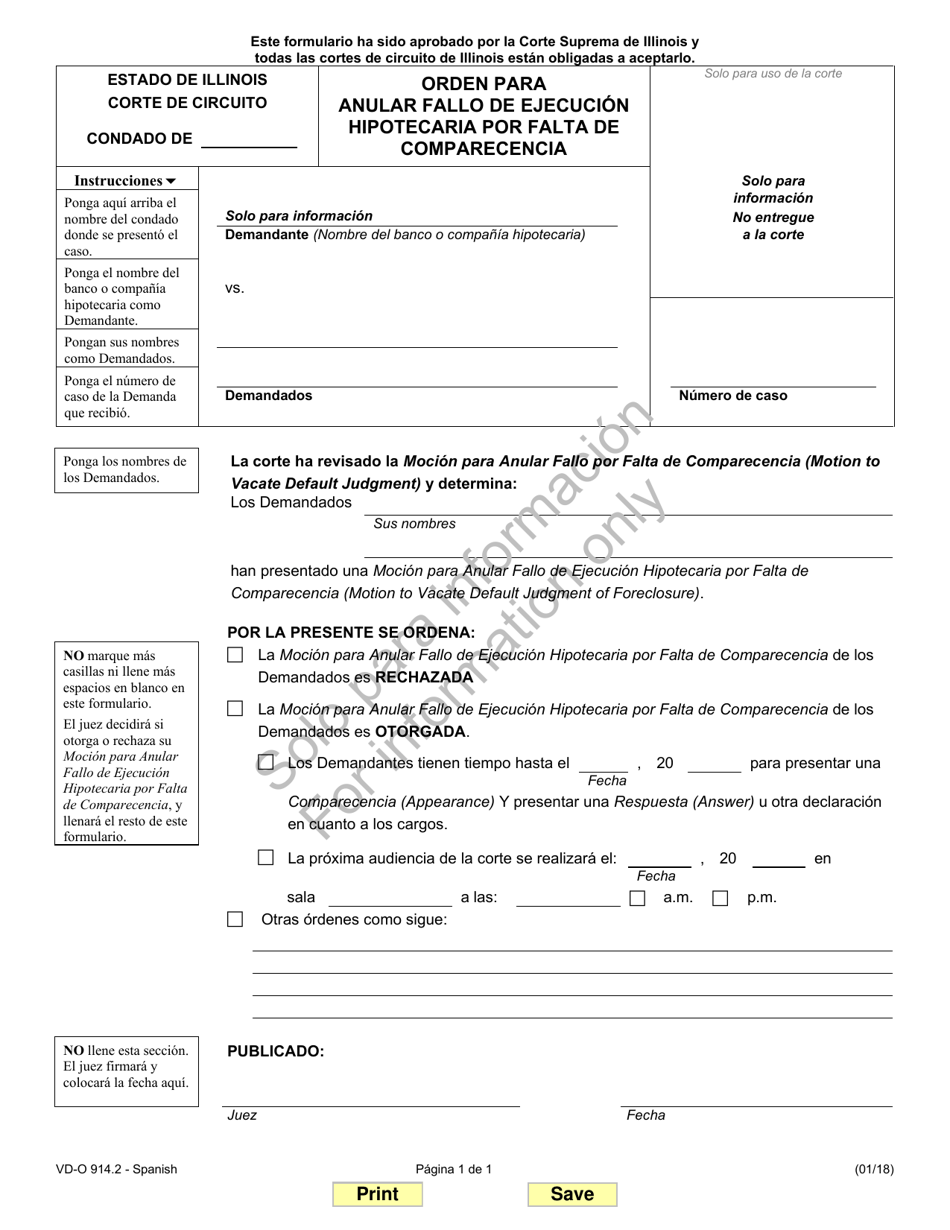 Formulario VD-O914.2 Orden Para Anular Fallo De Ejecucion Hipotecaria Por Falta De Comparecencia - Illinois (Spanish), Page 1
