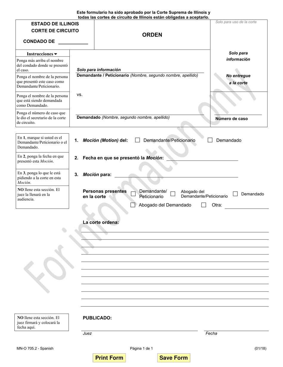 Formulario MN-O705.2 Orden - Illinois (Spanish), Page 1