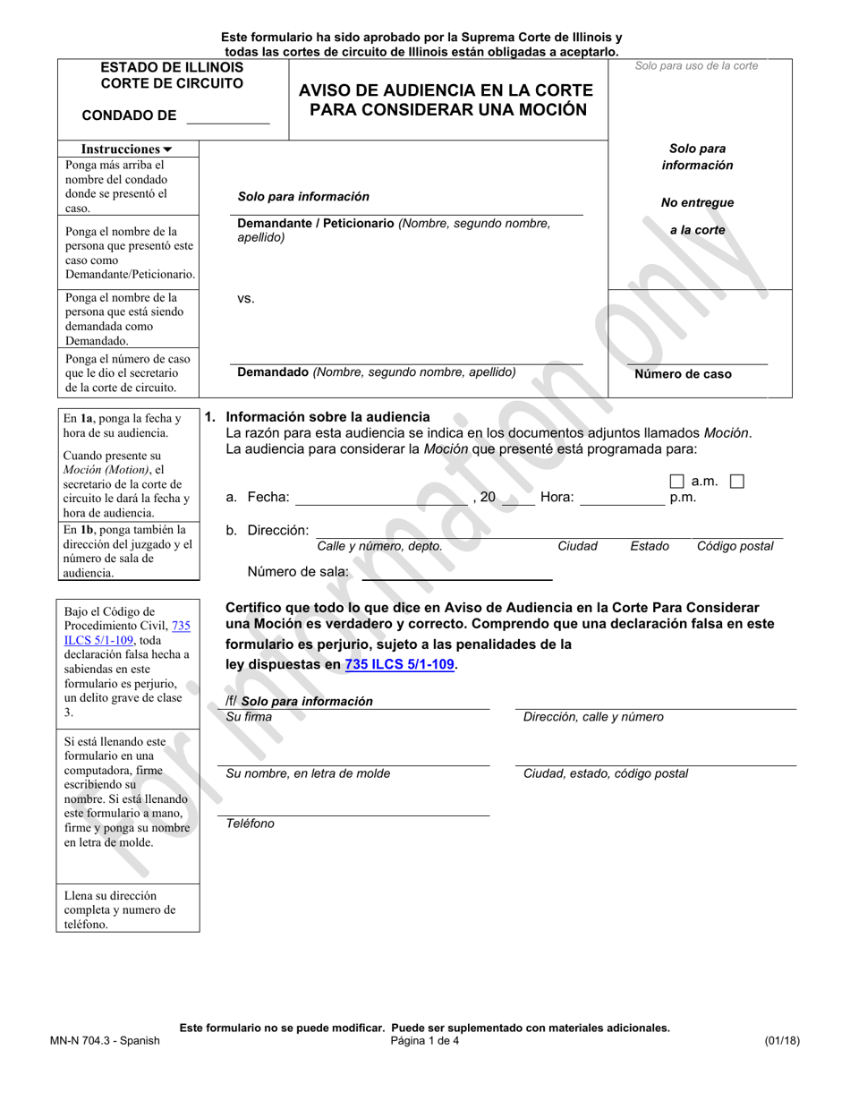 Formulario MN-N704.3 Aviso De Audiencia En La Corte Para Considerar Una Mocion - Illinois (Spanish), Page 1