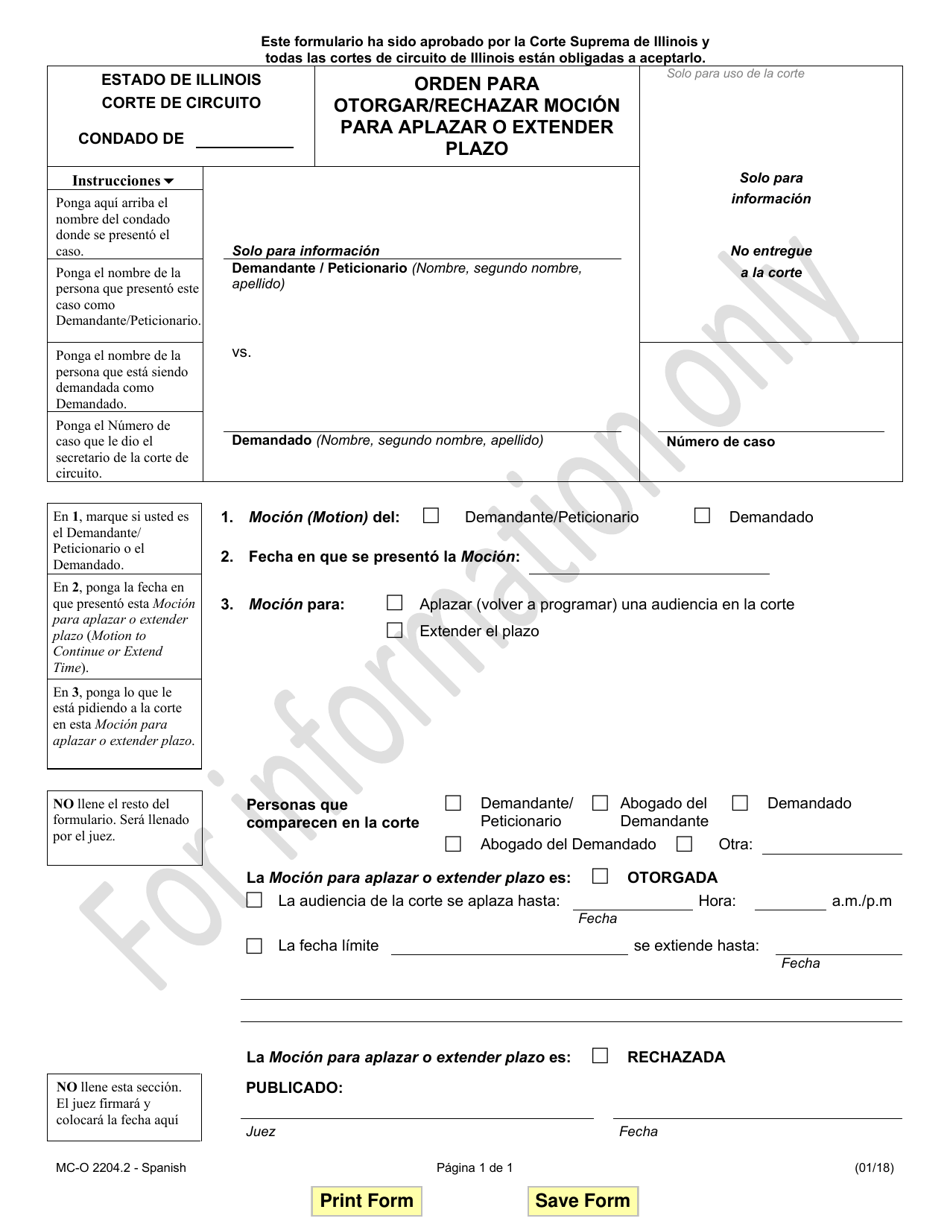 Formulario MC-O2204.2 Orden Para Otorgar / Rechazar Mocion Para Aplazar O Extender Plazo - Illinois (Spanish), Page 1
