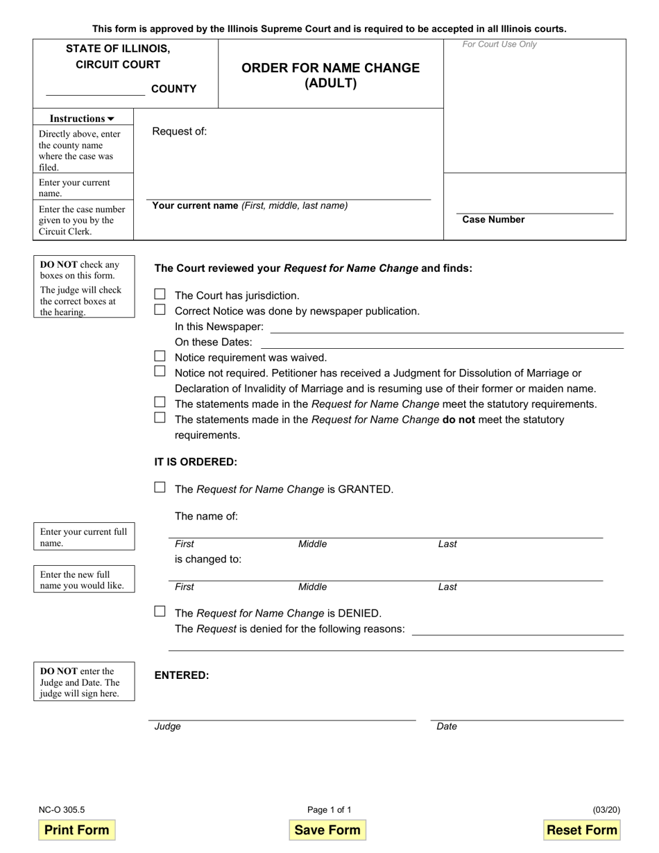 Form NC-O305.5 Order for Name Change (Adult) - Illinois, Page 1