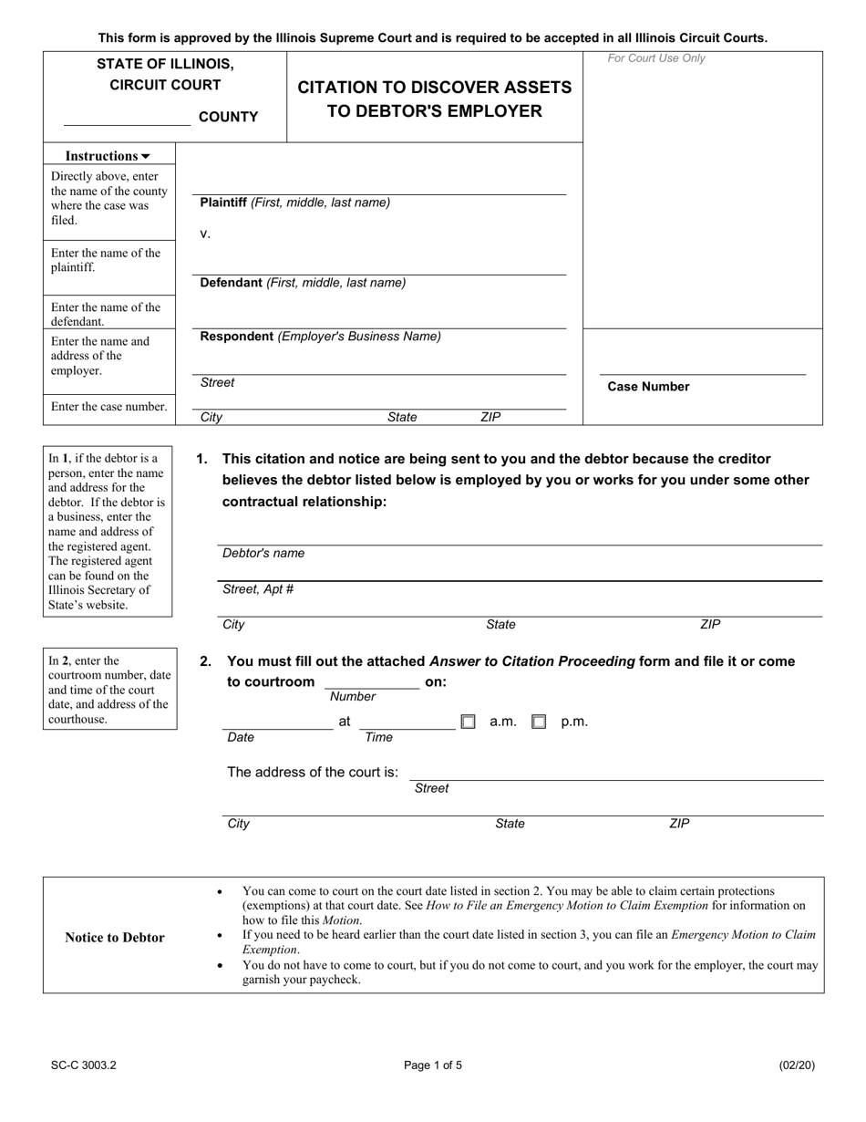 Form SC-C3003.2 Citation to Discover Assets to Debtors Employer - Illinois, Page 1