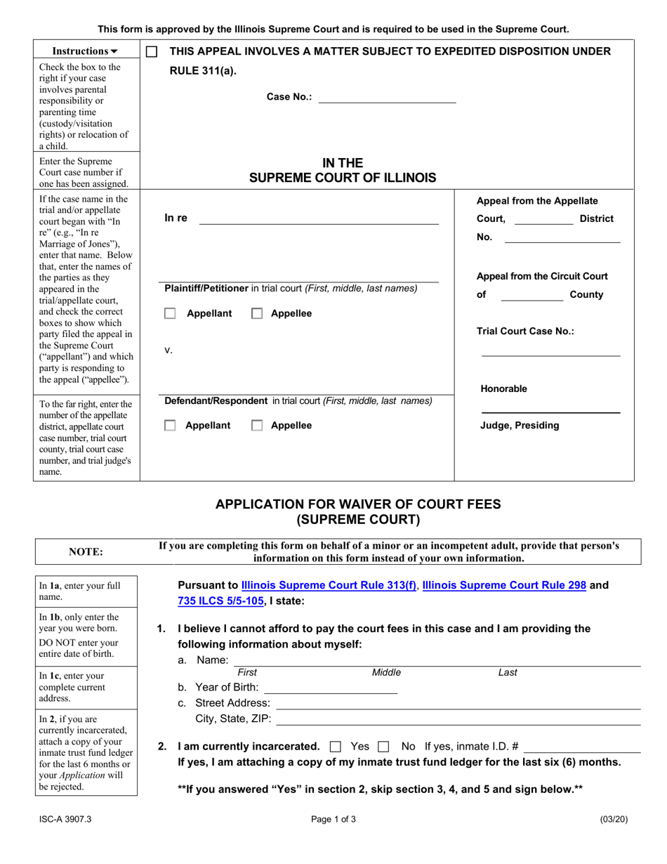 Form ISC-A3907.3 Application for Waiver of Court Fees (Supreme Court) - Illinois, Page 1