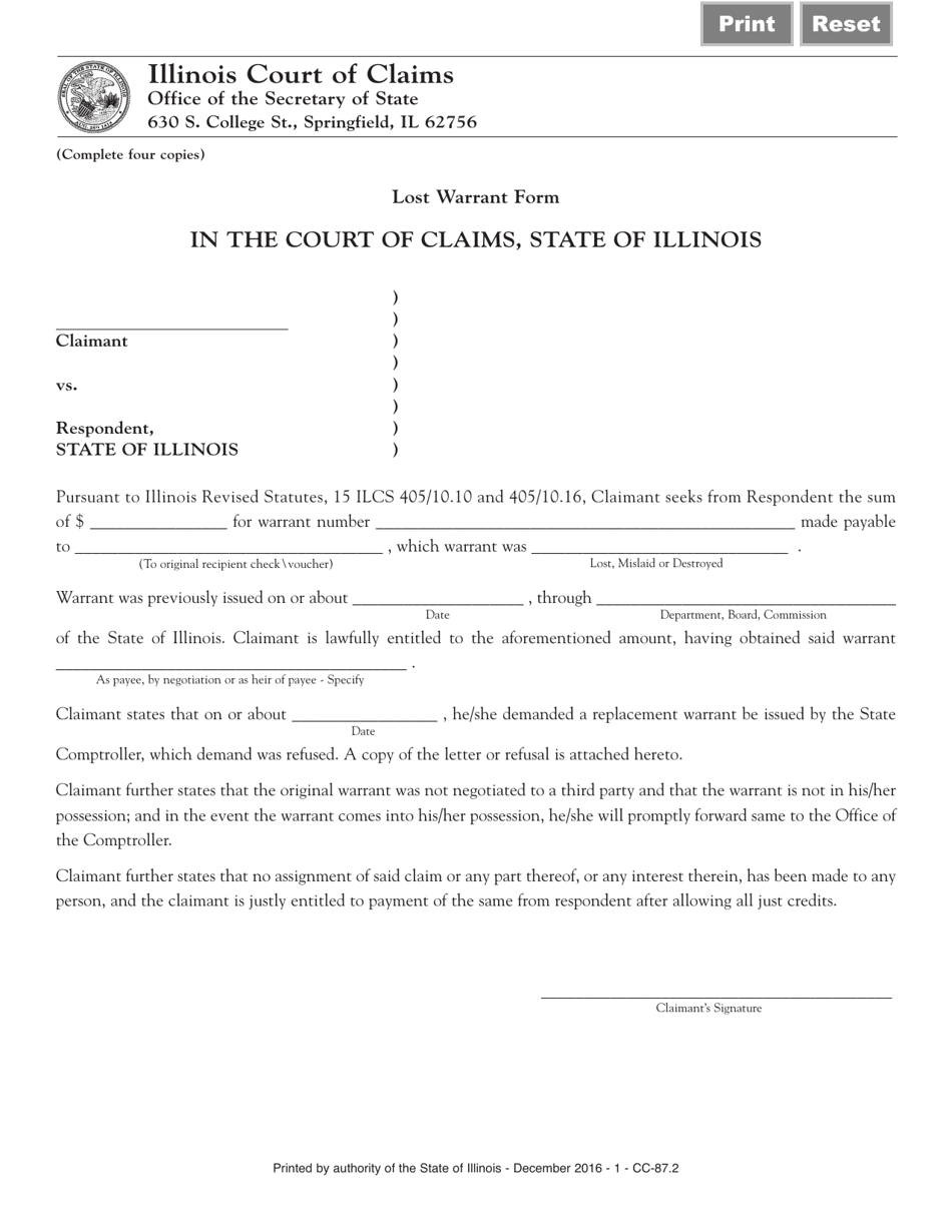 Form CC87 Lost Warrant Form - Illinois, Page 1