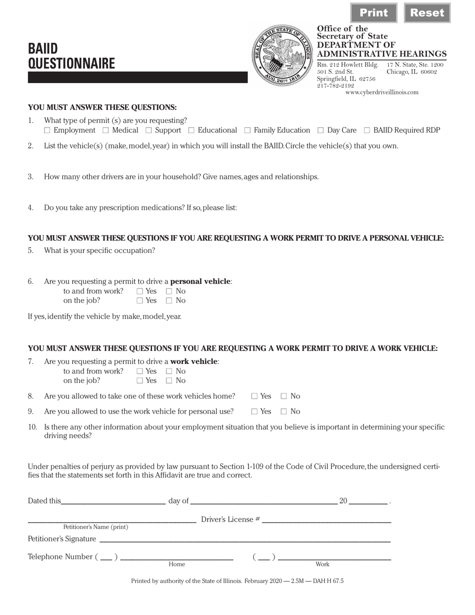 Form DAH H67 Baiid Questionnaire - Illinois, Page 1
