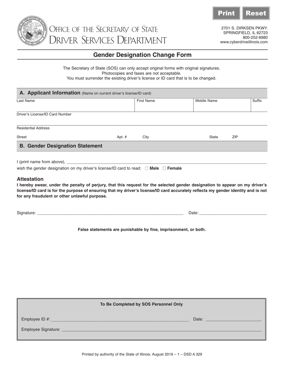 Form DSD A329 Gender Designation Change Form - Illinois, Page 1