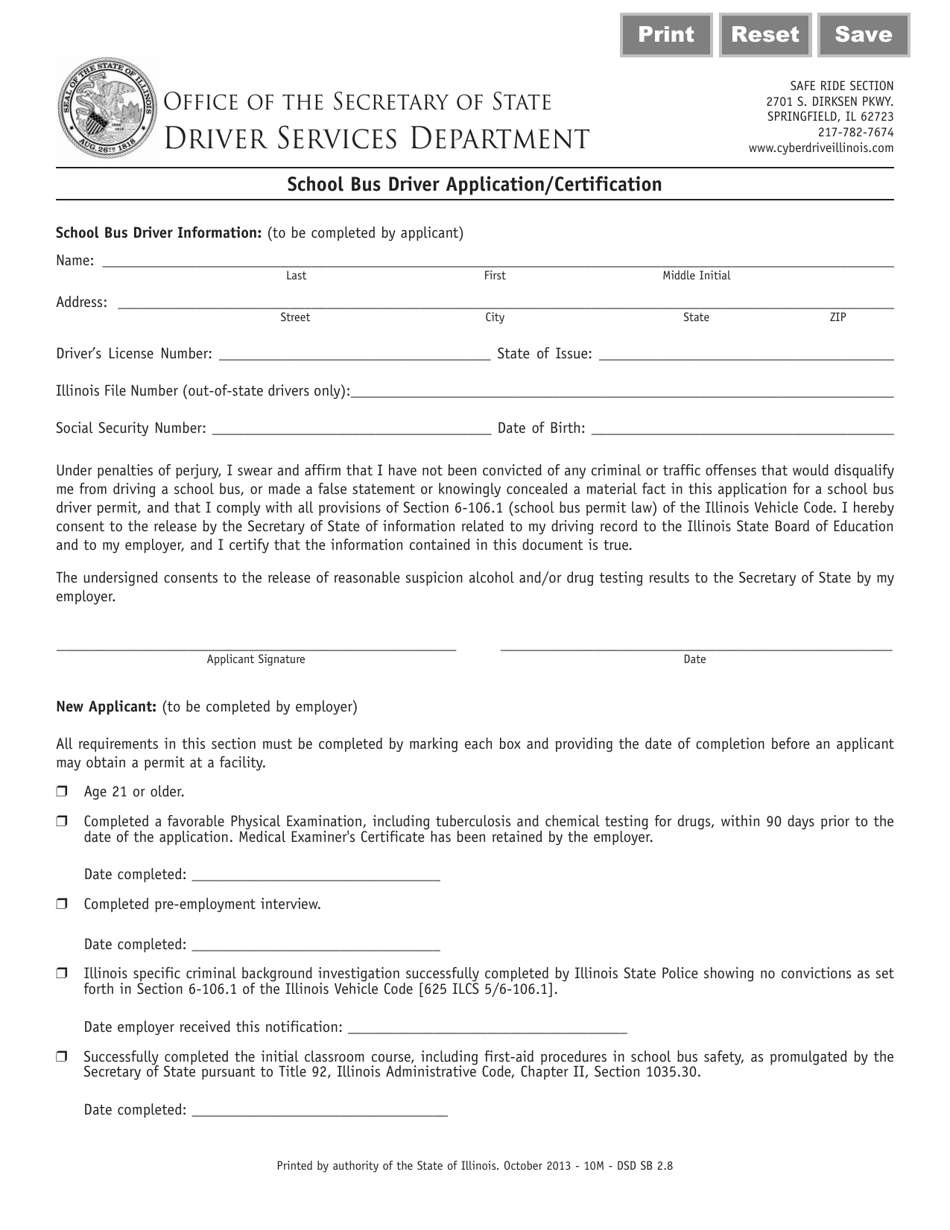 Form DSD SB2.8 School Bus Driver Application/Certification - Illinois, Page 1