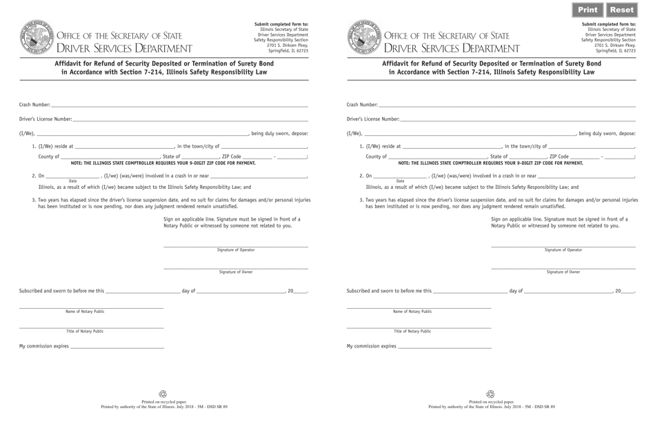 Form DSD SR89 Affidavit for Refund of Security Deposited or Termination of Surety Bond in Accordance With Section 7-214, Illinois Safety Responsibility Law - Illinois, Page 1