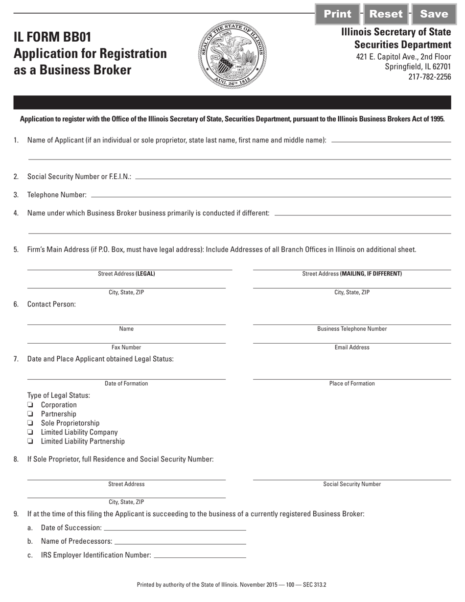 Form IL BB01 Application for Registration as a Business Broker - Illinois, Page 1