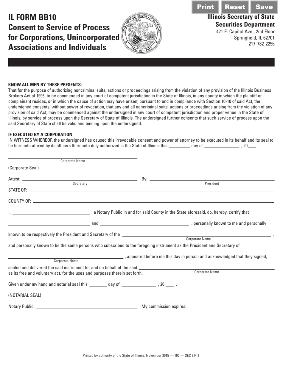 Form IL BB10 Consent to Service of Process for Corporations, Unincorporated Associations and Individuals - Illinois, Page 1