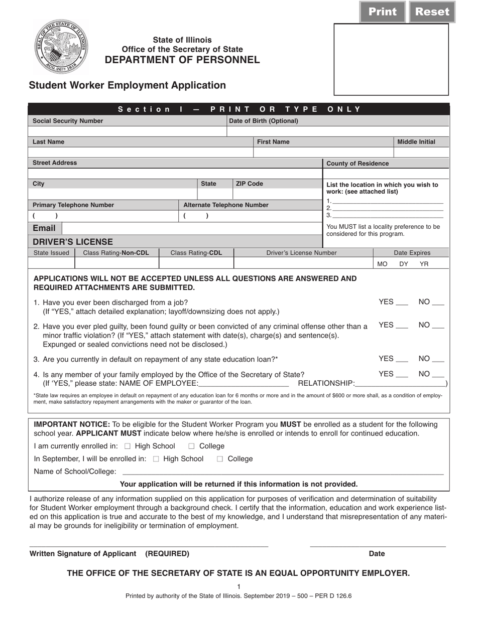 Form Per D126 Student Worker Employment Application - Illinois, Page 1