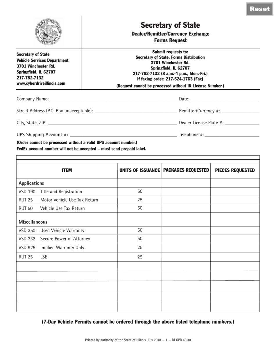 Form RT OPR48 Dealer / Remitter / Currency Exchange Forms Request - Illinois, Page 1