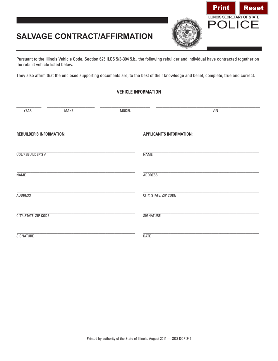 Form SOS DOP246 Salvage Contract / Affirmation - Illinois, Page 1
