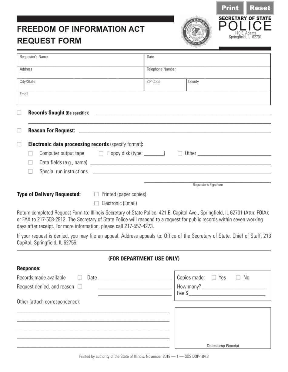 Form SOS DOP184 Freedom of Information Act Request Form - Illinois, Page 1