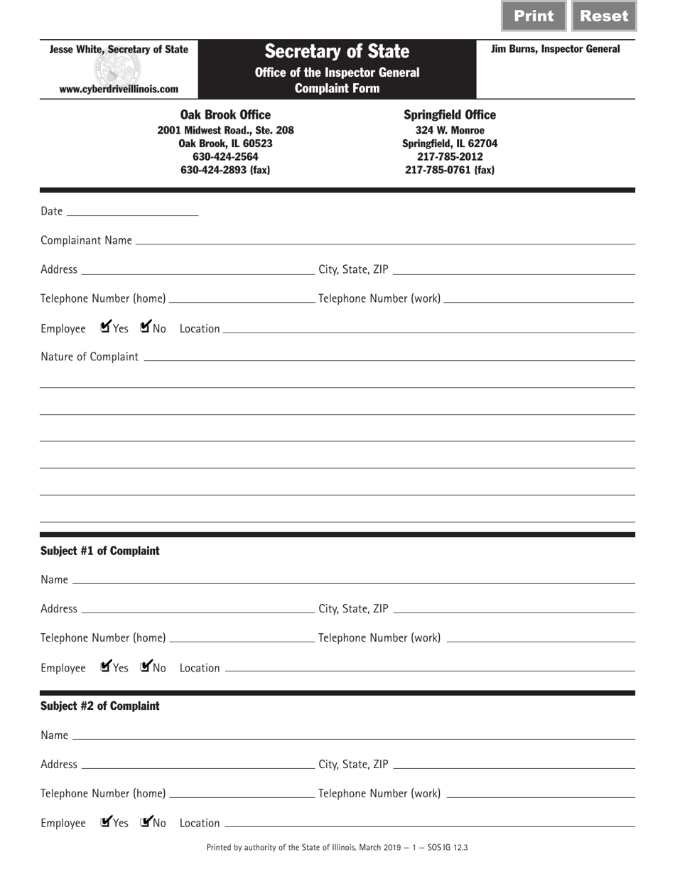 Form SOS IG12 Office of the Inspector General Complaint Form - Illinois, Page 1